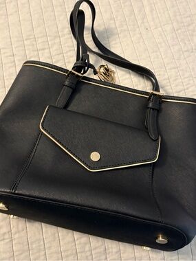 Black Leather Tote Bag with Gold Trim - Designer Style